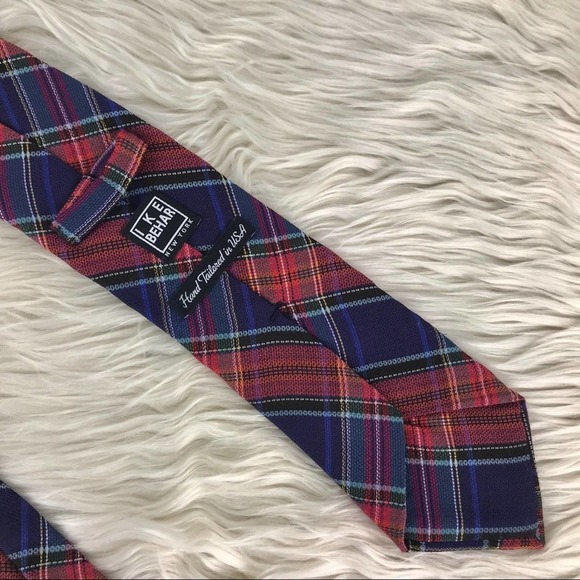 Ike Behar blue orange plaid wool silk blend men's length 60" width 3 1/2" - Picture 5 of 7